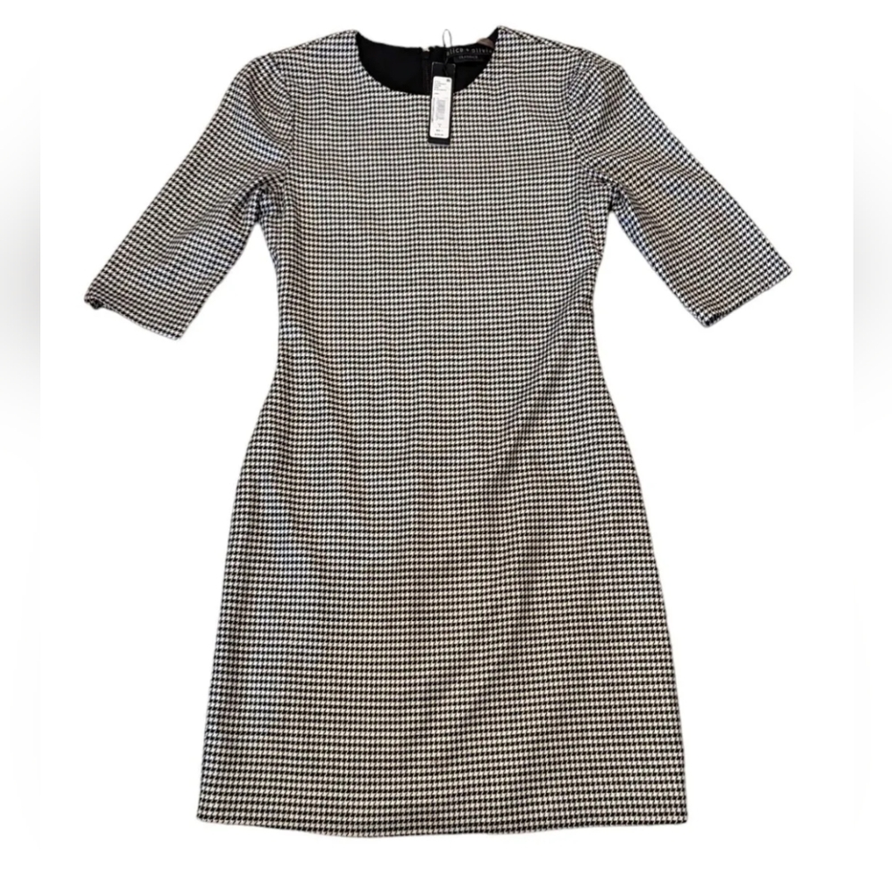 NWT Alice + Olivia Black White Wool Blend Houndstooth Check Sheath Dress Size 2